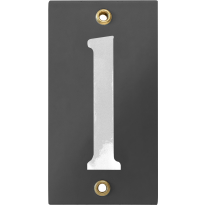 Emaille industrieel grijs huisnummerbord '1' met witte cijfers, 100x40 mm