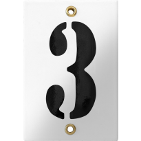 Emaille industrieel wit huisnummerbord '3' met zwarte cijfers, 120x80 mm