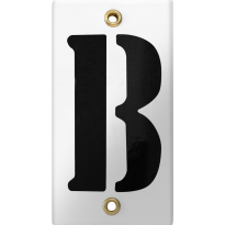 Emaille industrieel wit huisnummerbord met zwarte letter 'B', 100x40 mm