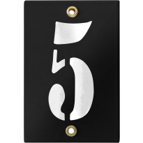 Emaille industrieel zwart huisnummerbord '5' met witte cijfers, 120x80 mm