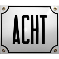 Emaille wit huisnummerbord 'ACHT' met zwarte letters, 150x180 mm