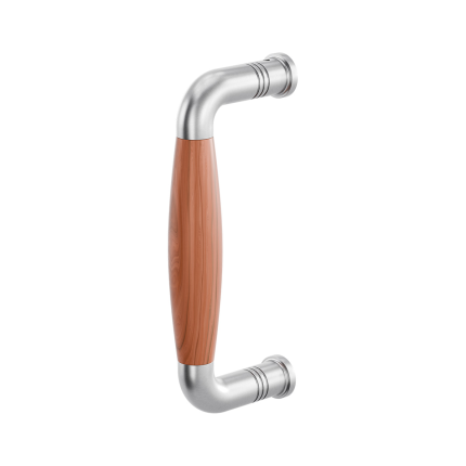 Deurgreep ton model Ika 157mm gebogen nekje met kersenhout, RVS geborsteld