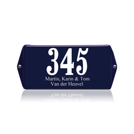 Emaille huisnummer met naam blauw, 200 x 100 mm