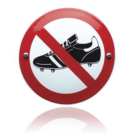 Emaille verbodsbord 'Verboden voor voetbalschoenen' rond
