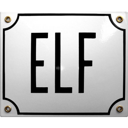 Emaille wit huisnummerbord 'ELF' met zwarte letters, 150x180 mm