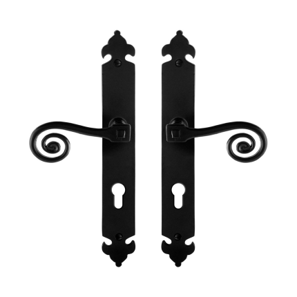 GPF6200.60 smeedijzer zwarte deurkruk Kera op langschild PC72, 291x41x4mm