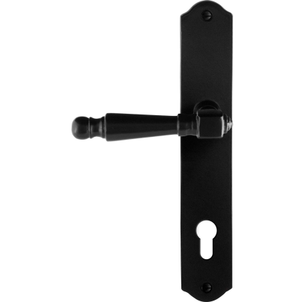 GPF6210.60L/R smeedijzer zwarte deurkruk Mela op schild PC85 238x41x4mm, links-/rechtswijzend