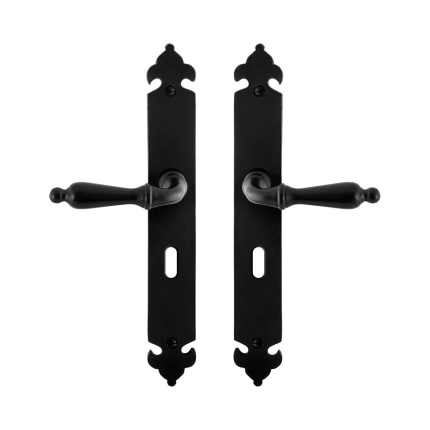 GPF6215.60 smeedijzer zwarte deurkruk Muki op lang schild BB56, 291x41x4mm