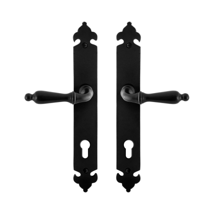 GPF6215.60 smeedijzer zwarte deurkruk Muki op langschild PC85, 291x41x4mm