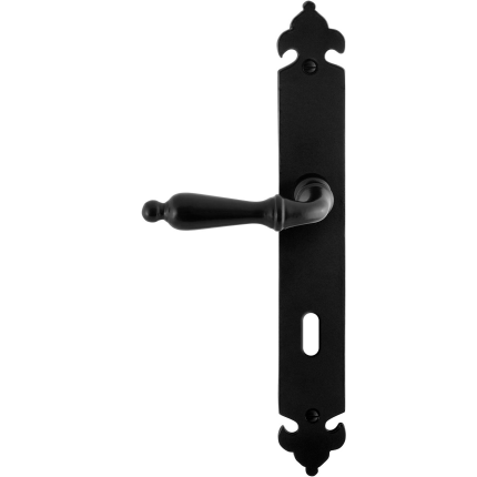 GPF6215.60L/R smeedijzer zwarte deurkruk Muki op langschild BB72 291x41x4mm, links-/rechtswijzend