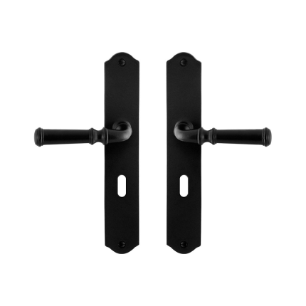 GPF6220.60 smeedijzer zwarte deurkruk Meri op schild BB56, 238x41x4mm
