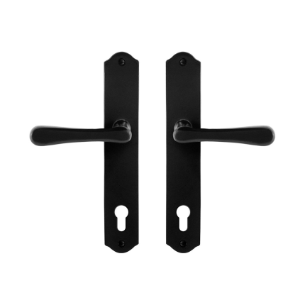 GPF6240.60 smeedijzer zwarte deurkruk Paju op schild PC92, 238x41x4mm