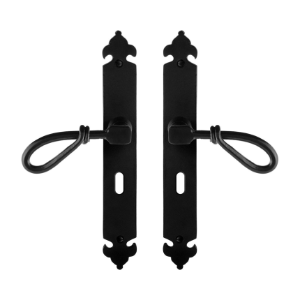 GPF6255.60 smeedijzer zwarte deurkruk Sula op langschild BB56, 291x41x4mm