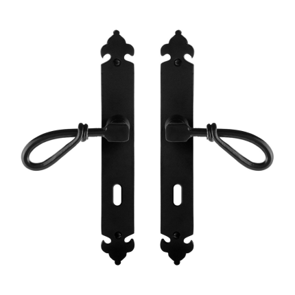 GPF6255.60 smeedijzer zwarte deurkruk Sula op langschild BB72, 291x41x4mm