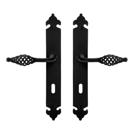 GPF6265.60 smeedijzer zwarte deurkruk Tane op langschild BB72, 291x41x4mm