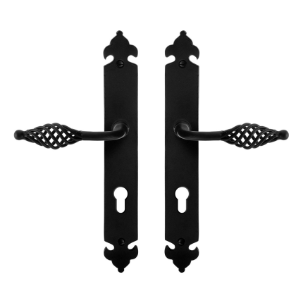 GPF6265.60 smeedijzer zwarte deurkruk Tane op langschild PC72, 291x41x4mm