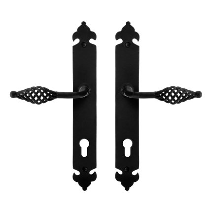 GPF6265.60 smeedijzer zwarte deurkruk Tane op langschild PC85, 291x41x4mm