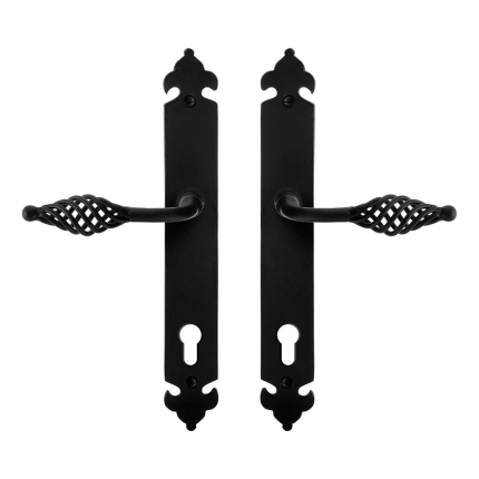 GPF6265.60 smeedijzer zwarte deurkruk Tane op langschild PC92, 291x41x4mm