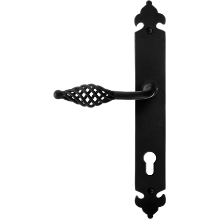 GPF6265.60L/R smeedijzer zwarte deurkruk Tane op langschild PC85 291x41x4mm, links-/rechtswijzend