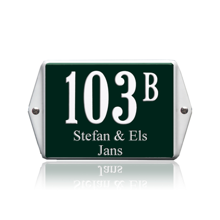 Huisnummer emaille met naam groen, 160 x 120 mm