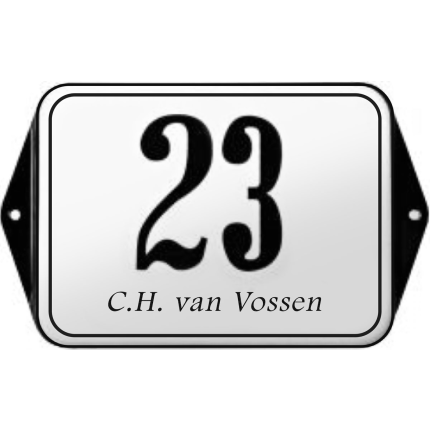 Klassiek bord huisnummer met naam, emaille wit/zwart met kader, 160x120mm