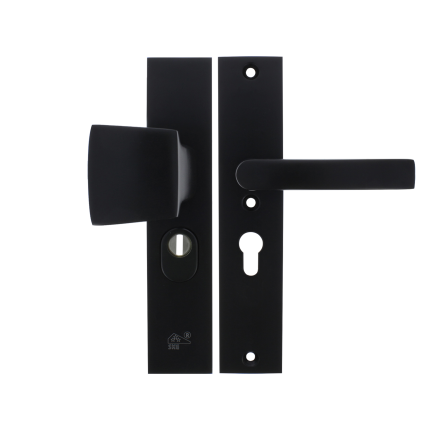 Starx deurkruk en voordeurknop op langschild SKG*** met kerntrekbeveiliging 245x50mm PC55 zwart