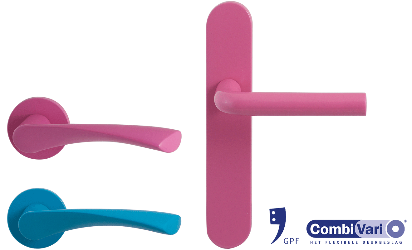 roze deurkrukken, blauwe deurkrukken